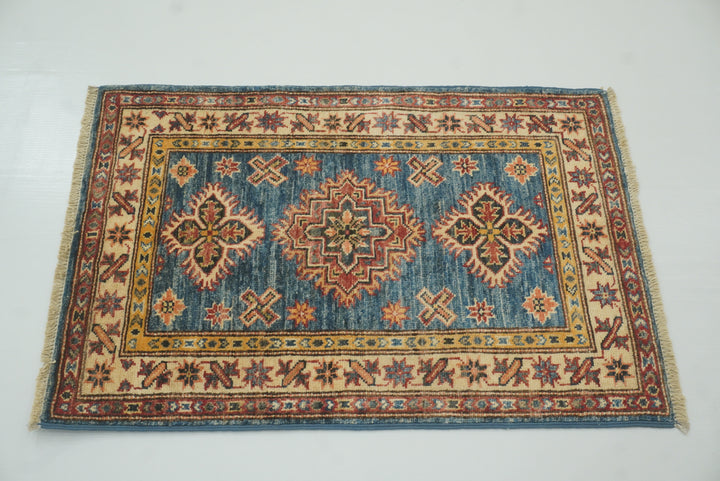 2x3 Blue Kazak Hand-Knotted Afghan Rug - Yildiz Rugs