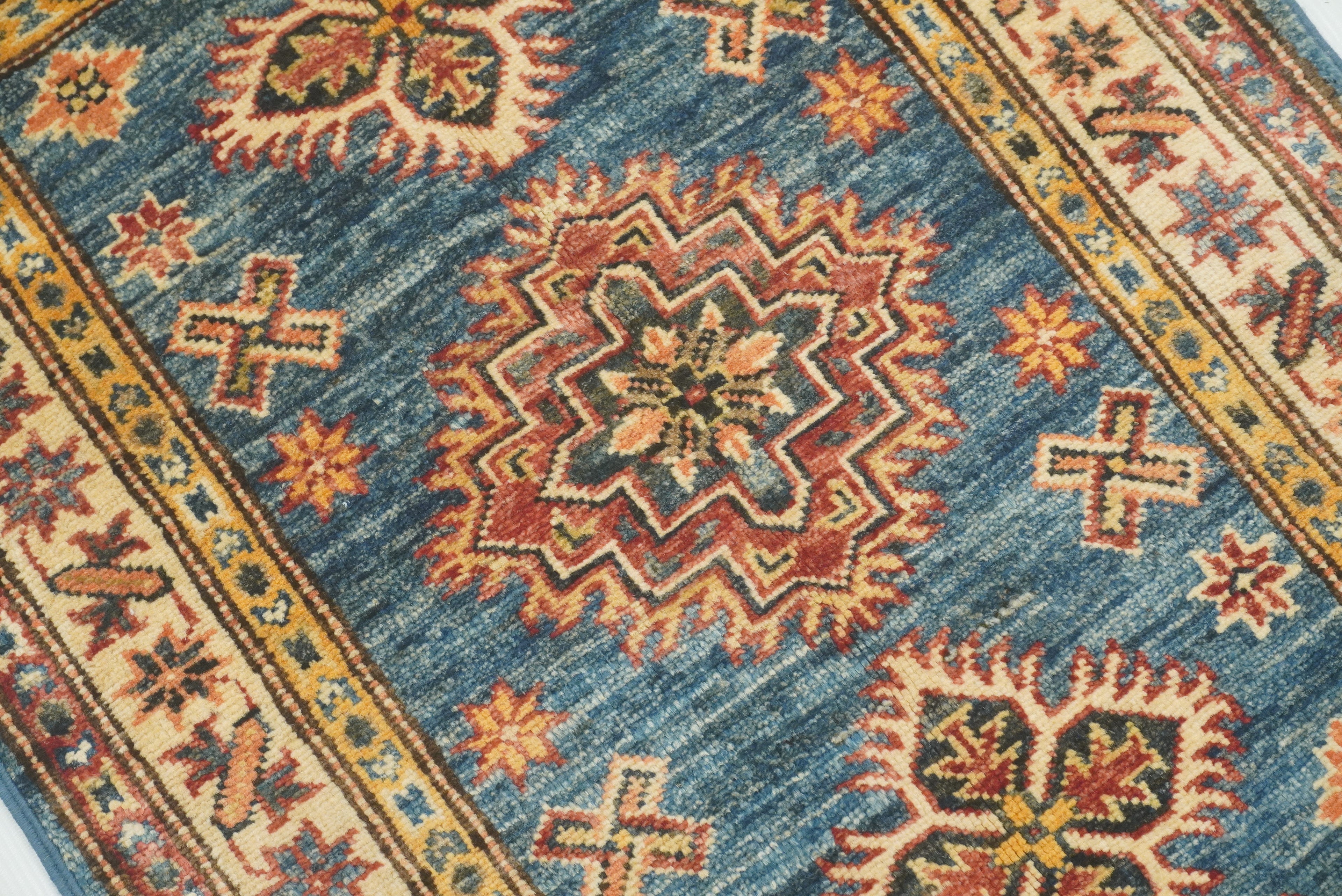 2x3 Blue Kazak Hand-Knotted Afghan Rug - Yildiz Rugs