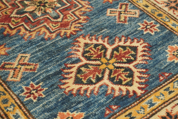 2x3 Blue Kazak Hand-Knotted Afghan Rug - Yildiz Rugs