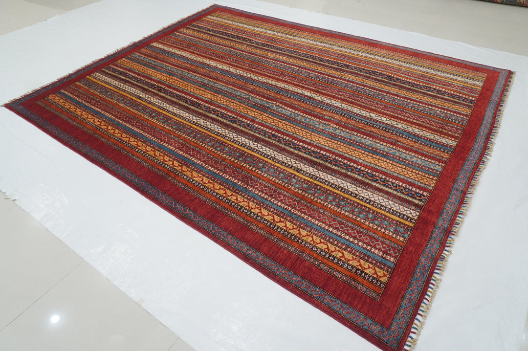 8x10 Red Turkish Shawl Pattern Hand Knotted Striped Rug - Yildiz Rugs