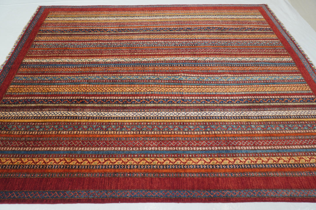 8x10 Red Turkish Shawl Pattern Hand Knotted Striped Rug - Yildiz Rugs