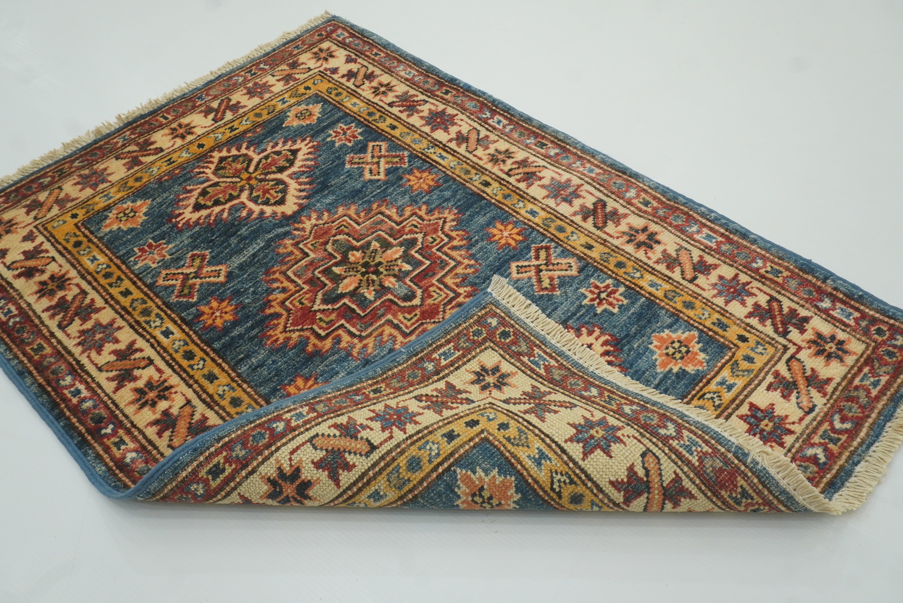 2x3 Blue Kazak Hand-Knotted Afghan Rug - Yildiz Rugs