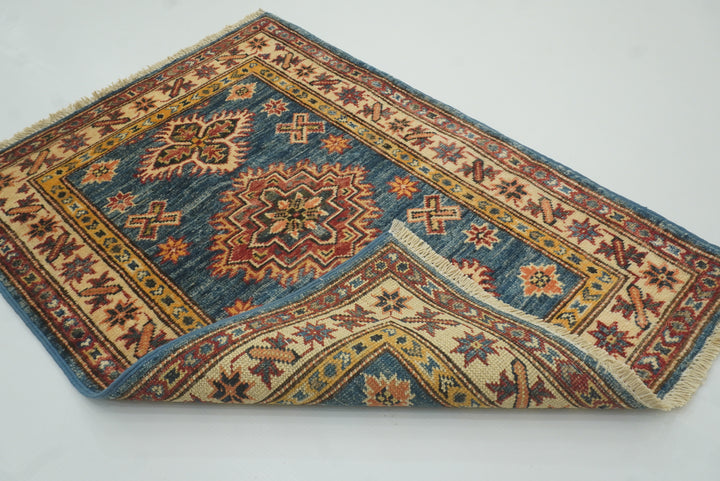 2x3 Blue Kazak Hand-Knotted Afghan Rug - Yildiz Rugs