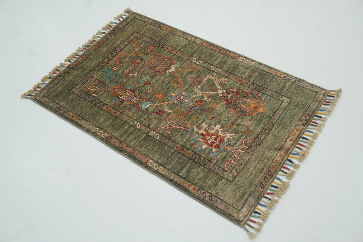 2x3 Green Afghan Waziri Floral Hand Knotted Rug - Yildiz Rugs