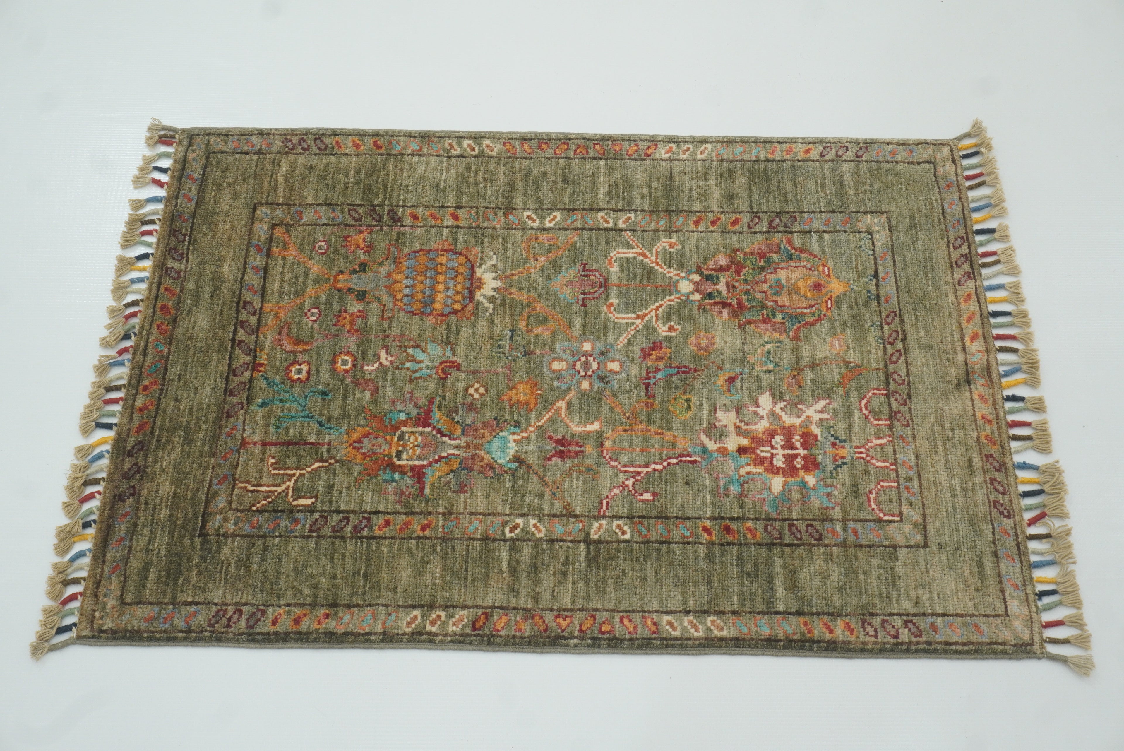 2x3 Green Afghan Waziri Floral Hand Knotted Rug - Yildiz Rugs