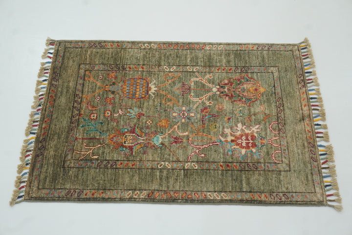 2x3 Green Afghan Waziri Floral Hand Knotted Rug - Yildiz Rugs