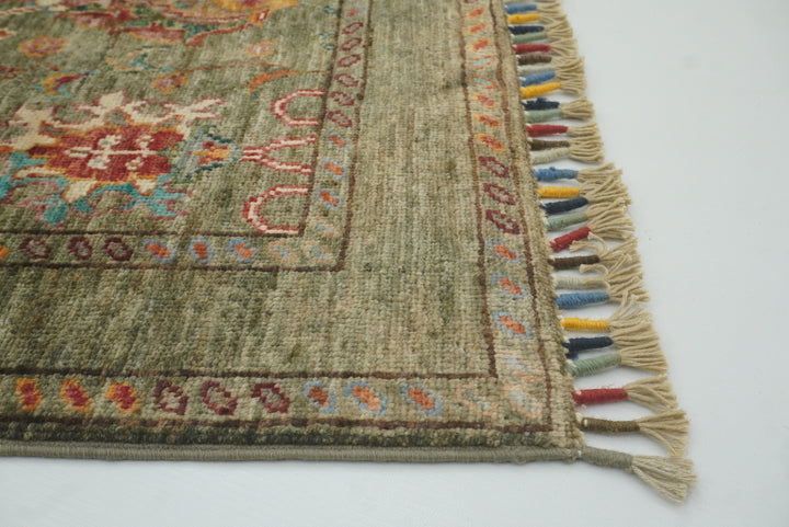 2x3 Green Afghan Waziri Floral Hand Knotted Rug - Yildiz Rugs