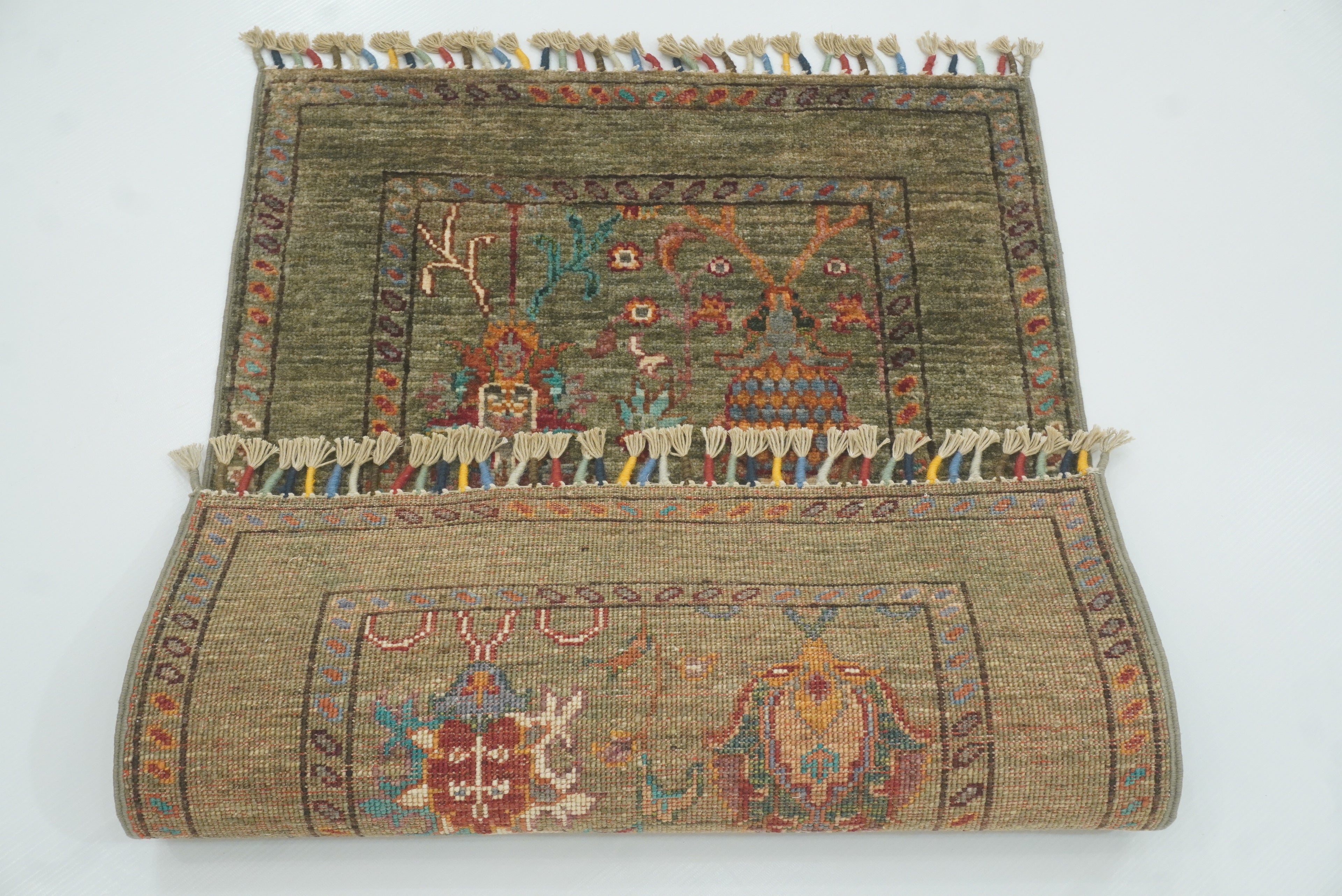 2x3 Green Afghan Waziri Floral Hand Knotted Rug - Yildiz Rugs