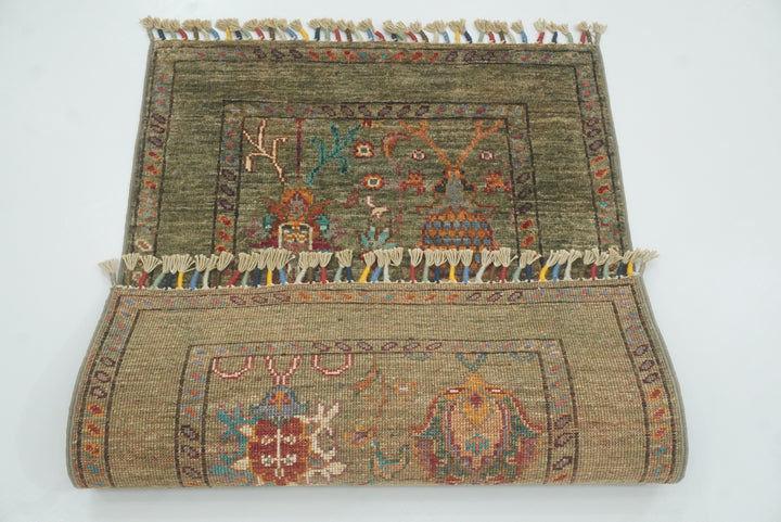 2x3 Green Afghan Waziri Floral Hand Knotted Rug - Yildiz Rugs
