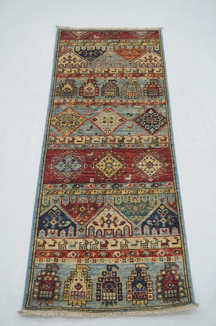 2x5 Blue Tribal Gabbeh Afghan Hand knotted Runner Rug - Yildiz Rugs