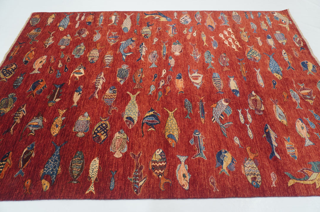 6x9 Red Fish Gabbeh Afghan Hand knotted Rug
