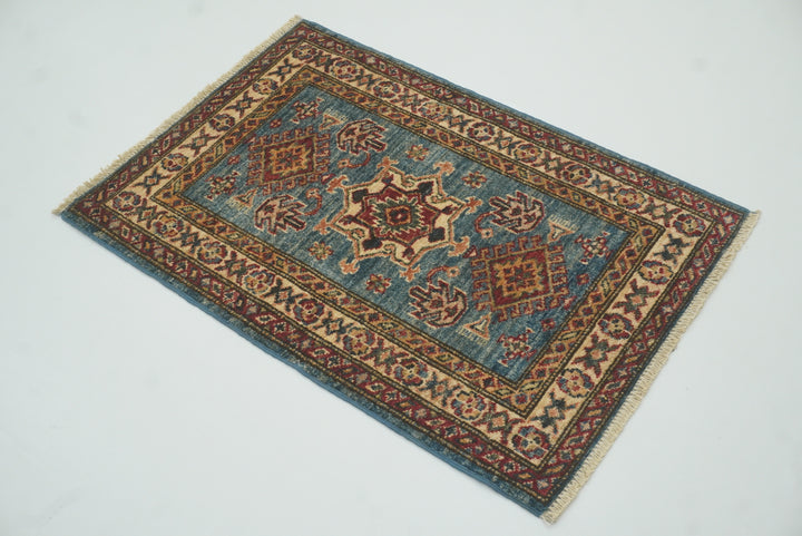 2x3 Blue Kazak Hand-Knotted Afghan Rug - Yildiz Rugs