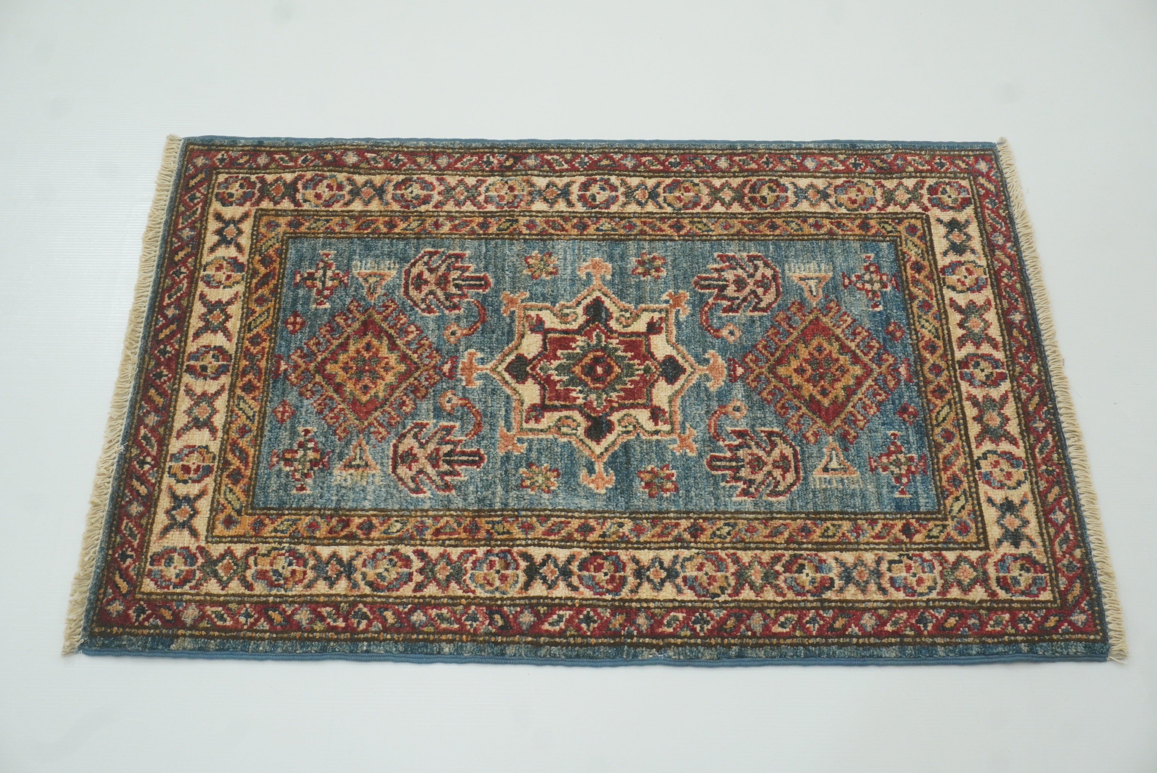 2x3 Blue Kazak Hand-Knotted Afghan Rug - Yildiz Rugs