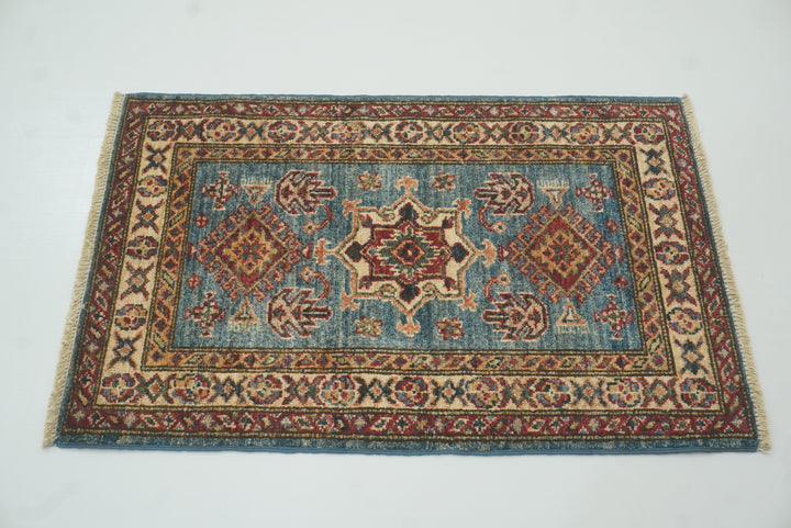 2x3 Blue Kazak Hand-Knotted Afghan Rug - Yildiz Rugs