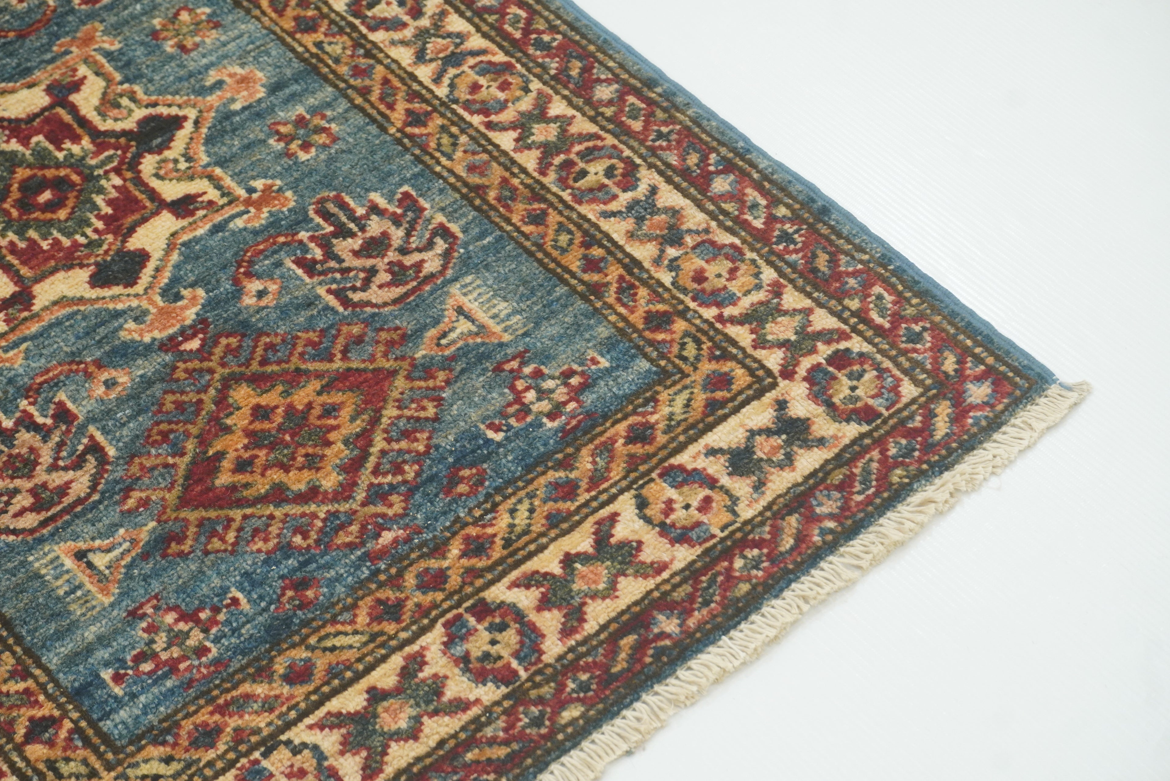 2x3 Blue Kazak Hand-Knotted Afghan Rug - Yildiz Rugs