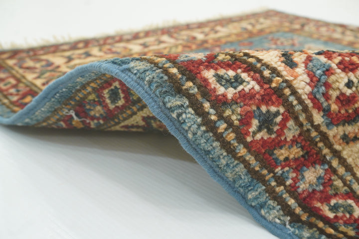 2x3 Blue Kazak Hand-Knotted Afghan Rug - Yildiz Rugs
