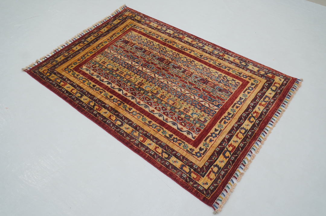 3x5 Red Turkish Shawl Pattern Hand Knotted Striped Rug - Yildiz Rugs