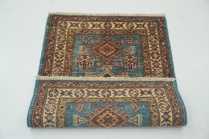 2x3 Blue Kazak Hand-Knotted Afghan Rug - Yildiz Rugs