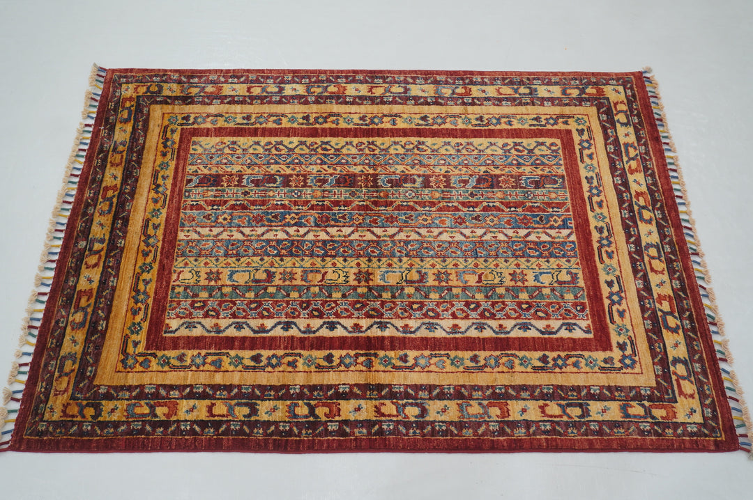 3x5 Red Turkish Shawl Pattern Hand Knotted Striped Rug - Yildiz Rugs