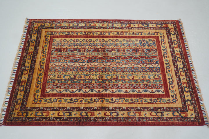 3x5 Red Turkish Shawl Pattern Hand Knotted Striped Rug - Yildiz Rugs