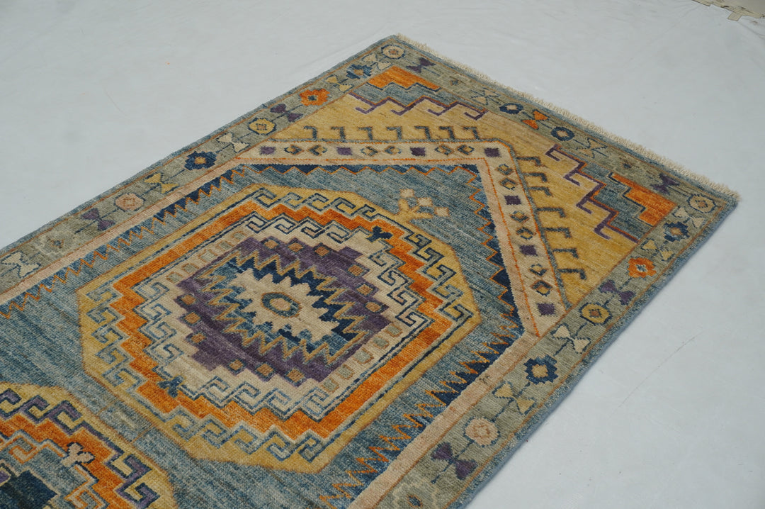 11 ft Muted Blue Oushak Hand knotted Turkish Runner Rug