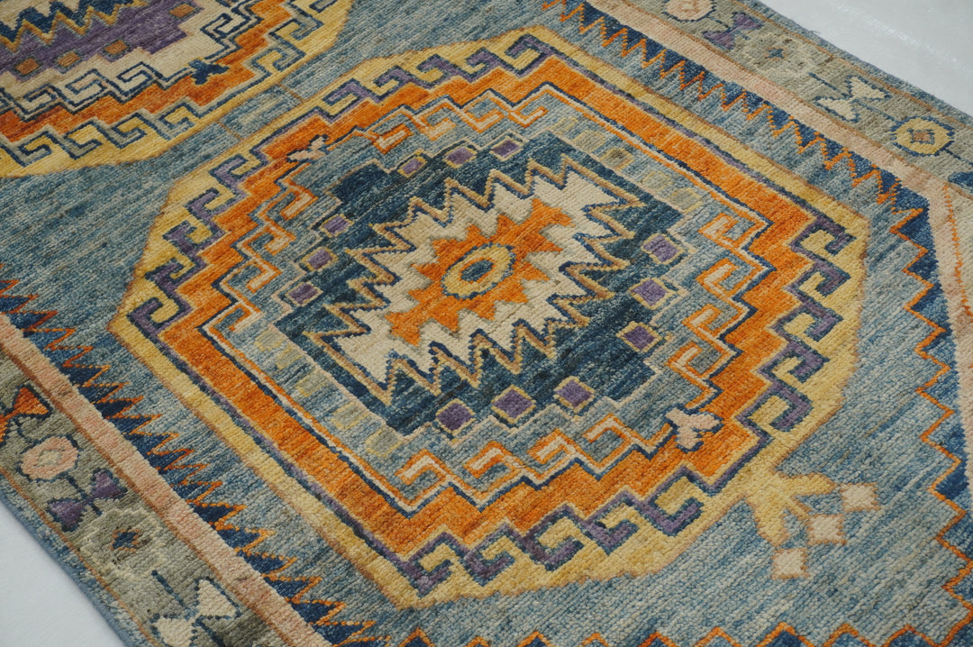 11 ft Muted Blue Oushak Hand knotted Turkish Runner Rug