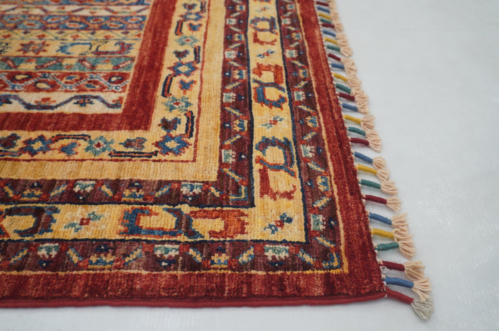 3x5 Red Turkish Shawl Pattern Hand Knotted Striped Rug - Yildiz Rugs