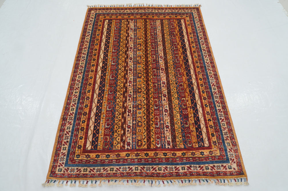 4x6 Orange Tribal Turkish Shawl Pattern Hand knotted Striped Rug - Yildiz Rugs