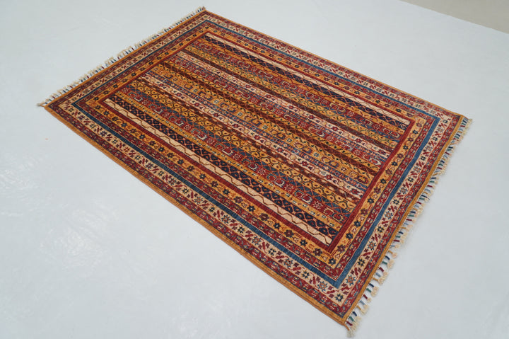 4x6 Orange Tribal Turkish Shawl Pattern Hand knotted Striped Rug - Yildiz Rugs