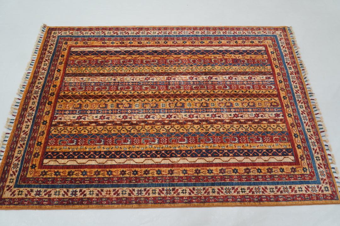 4x6 Orange Tribal Turkish Shawl Pattern Hand knotted Striped Rug - Yildiz Rugs