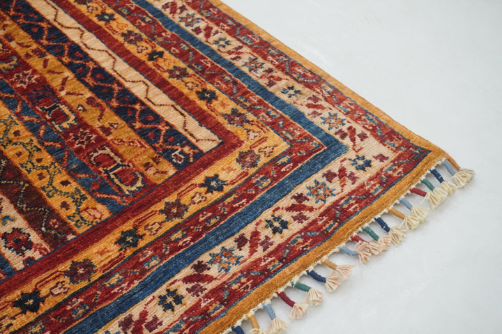 4x6 Orange Tribal Turkish Shawl Pattern Hand knotted Striped Rug - Yildiz Rugs