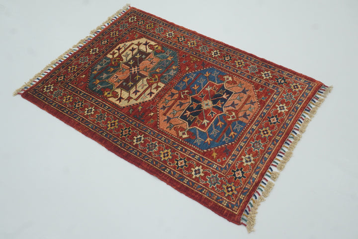 3x4 Red Ersari Hand Knotted Afghan Oriental Rug - Yildiz Rugs