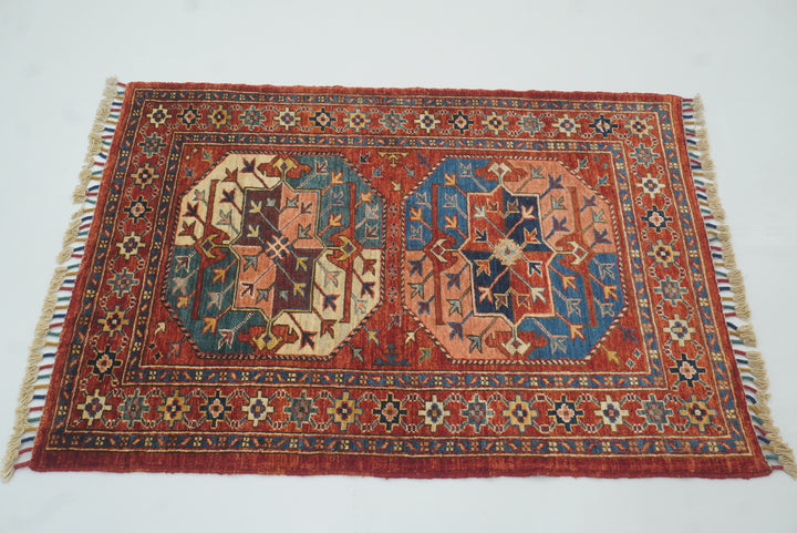 3x4 Red Ersari Hand Knotted Afghan Oriental Rug - Yildiz Rugs