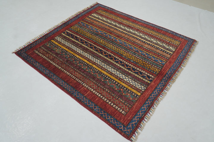 5x5 Red Turkish Shawl Hand knotted Square Rug