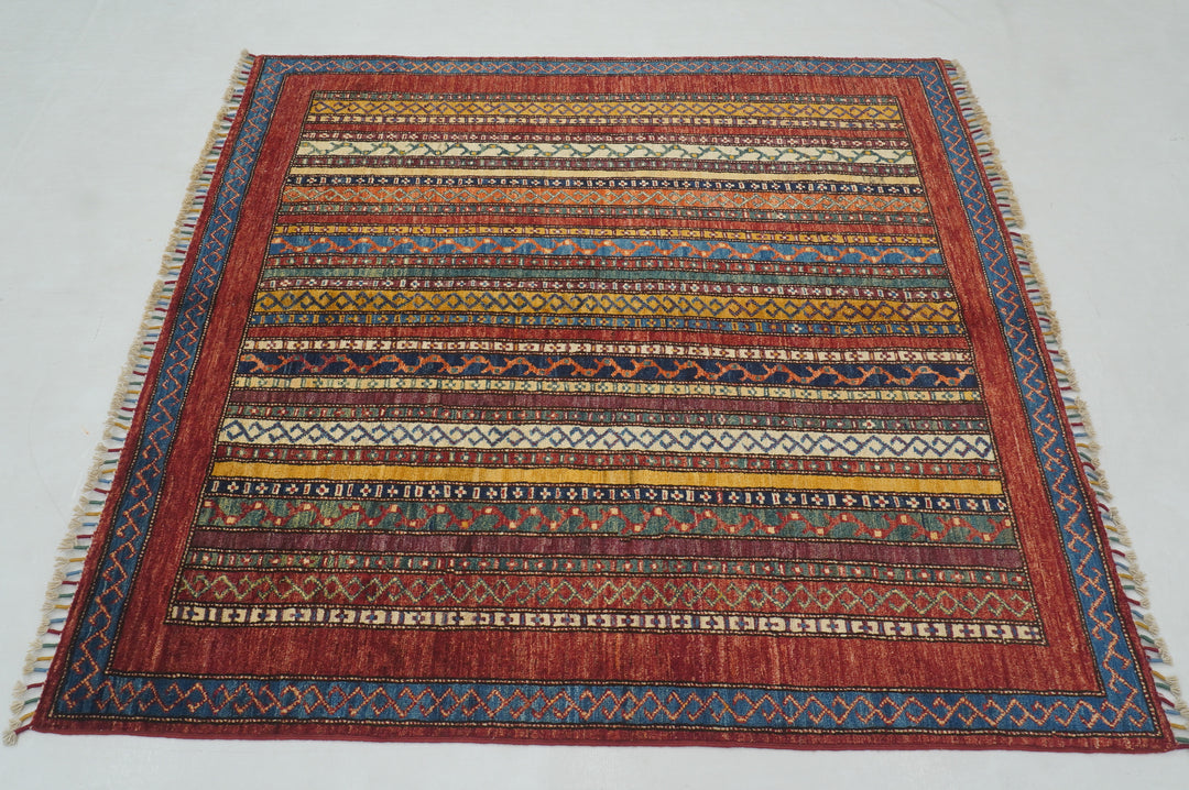 5x5 Red Turkish Shawl Hand knotted Square Rug