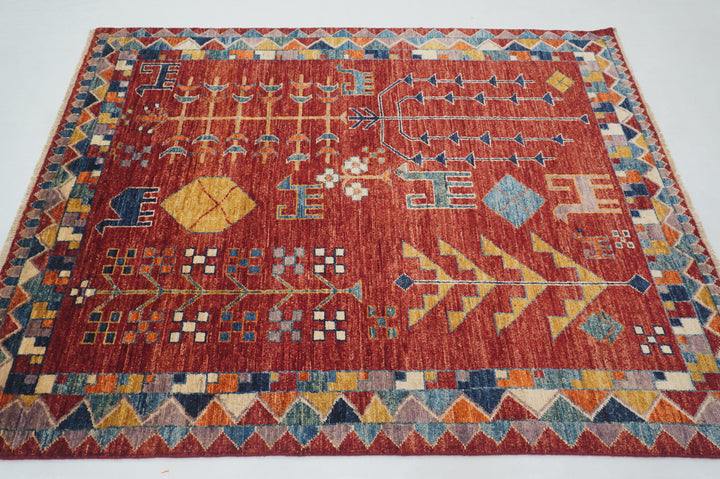 5x6 Red Gabbeh Afghan Hand knotted wool Rug - Yildiz Rugs