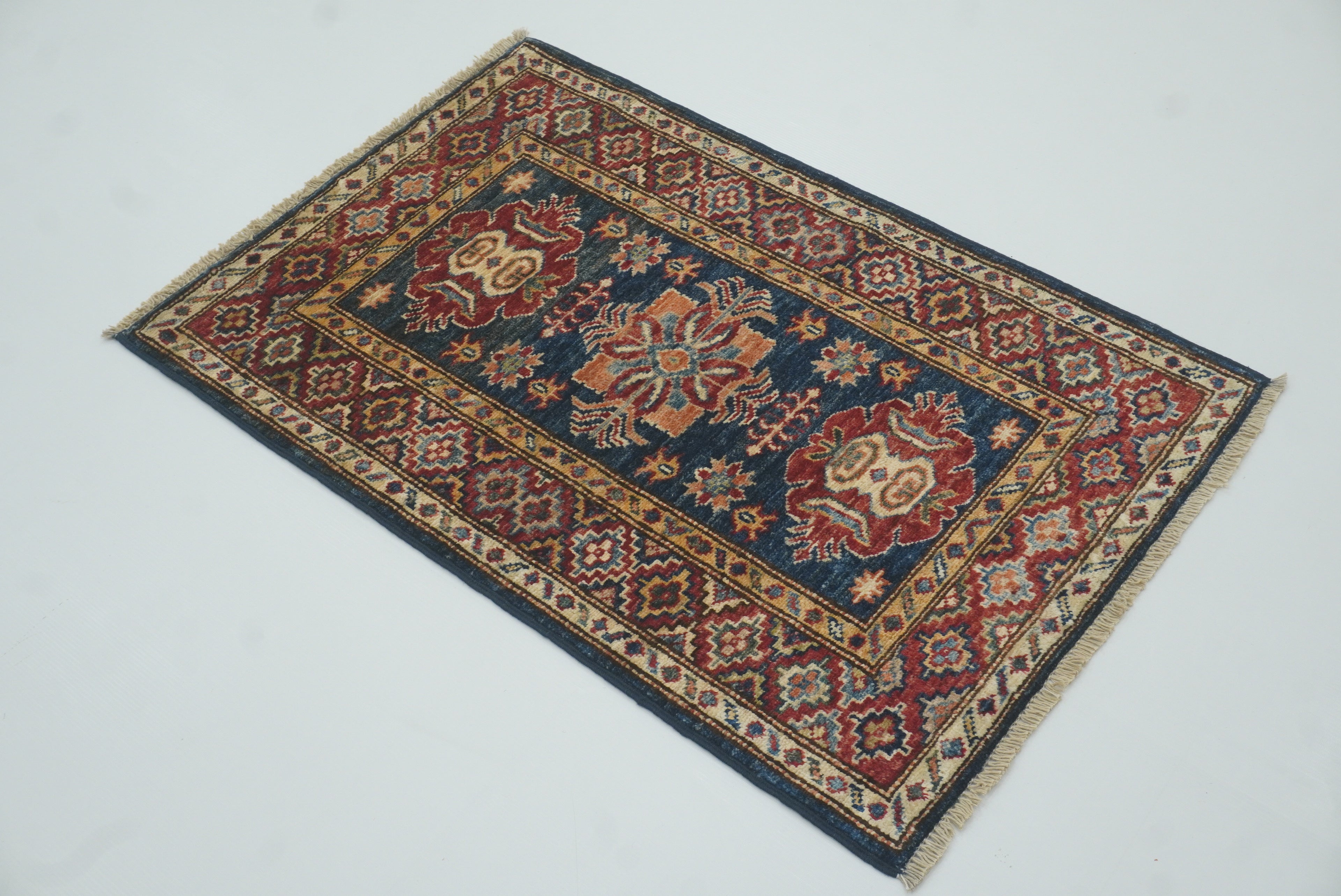 2x3 Navy Blue Kazak Hand-Knotted Afghan Wool Rug - Yildiz Rugs