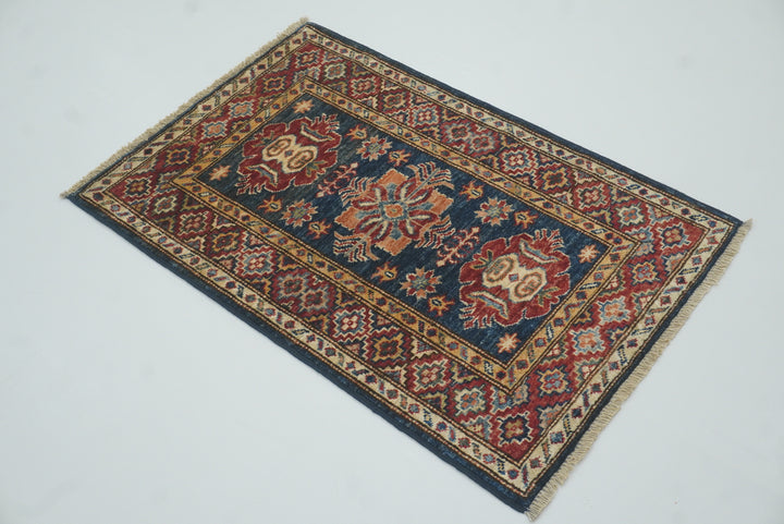 2x3 Navy Blue Kazak Hand-Knotted Afghan Wool Rug - Yildiz Rugs
