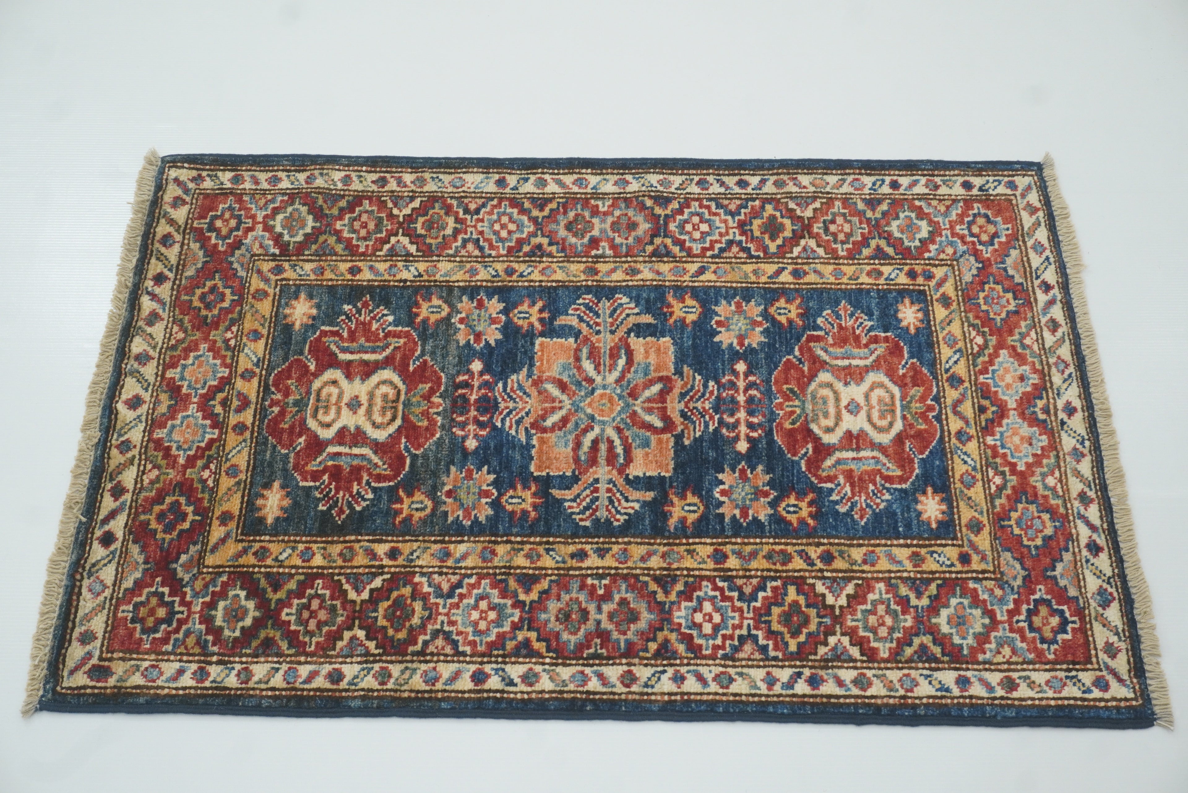 2x3 Navy Blue Kazak Hand-Knotted Afghan Wool Rug - Yildiz Rugs