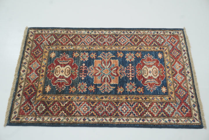 2x3 Navy Blue Kazak Hand-Knotted Afghan Wool Rug - Yildiz Rugs
