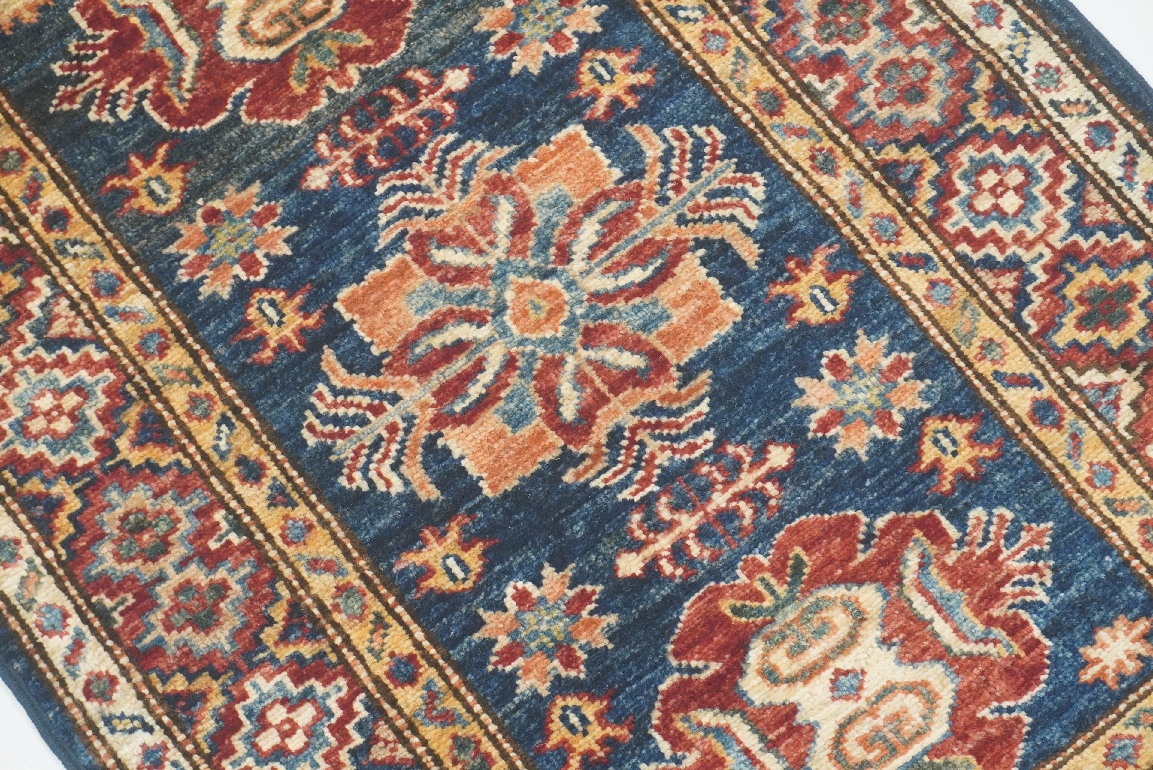 2x3 Navy Blue Kazak Hand-Knotted Afghan Wool Rug - Yildiz Rugs