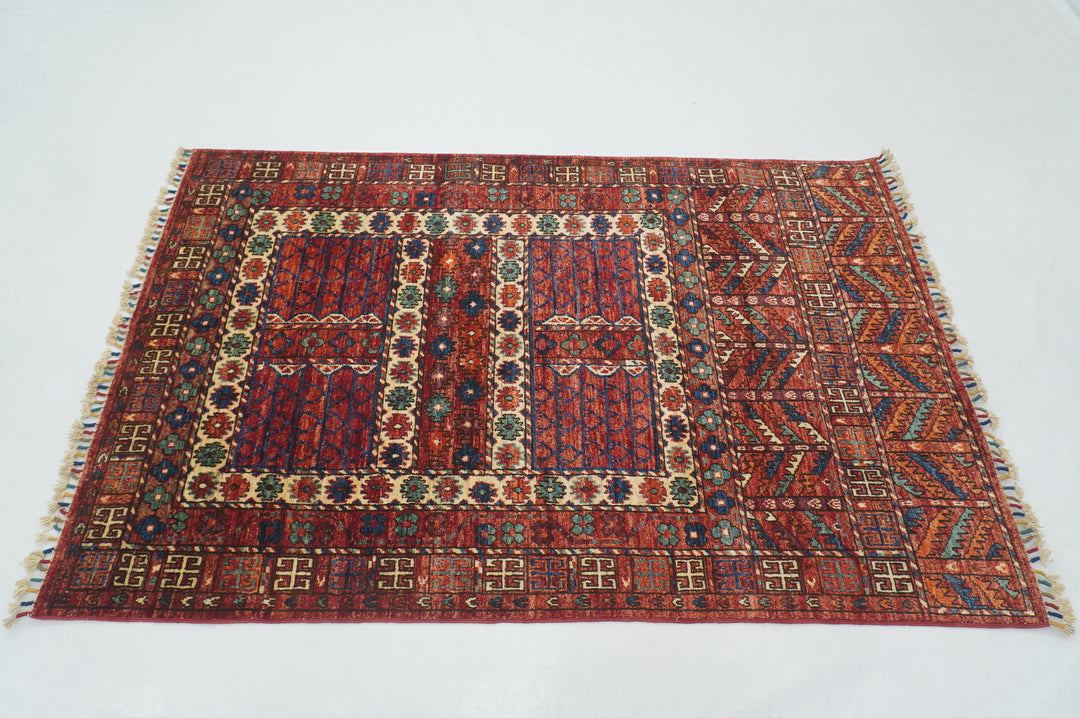 4x6 Red Pardeh Ersari Tribal Afghan hand knotted Rug - Yildiz Rugs