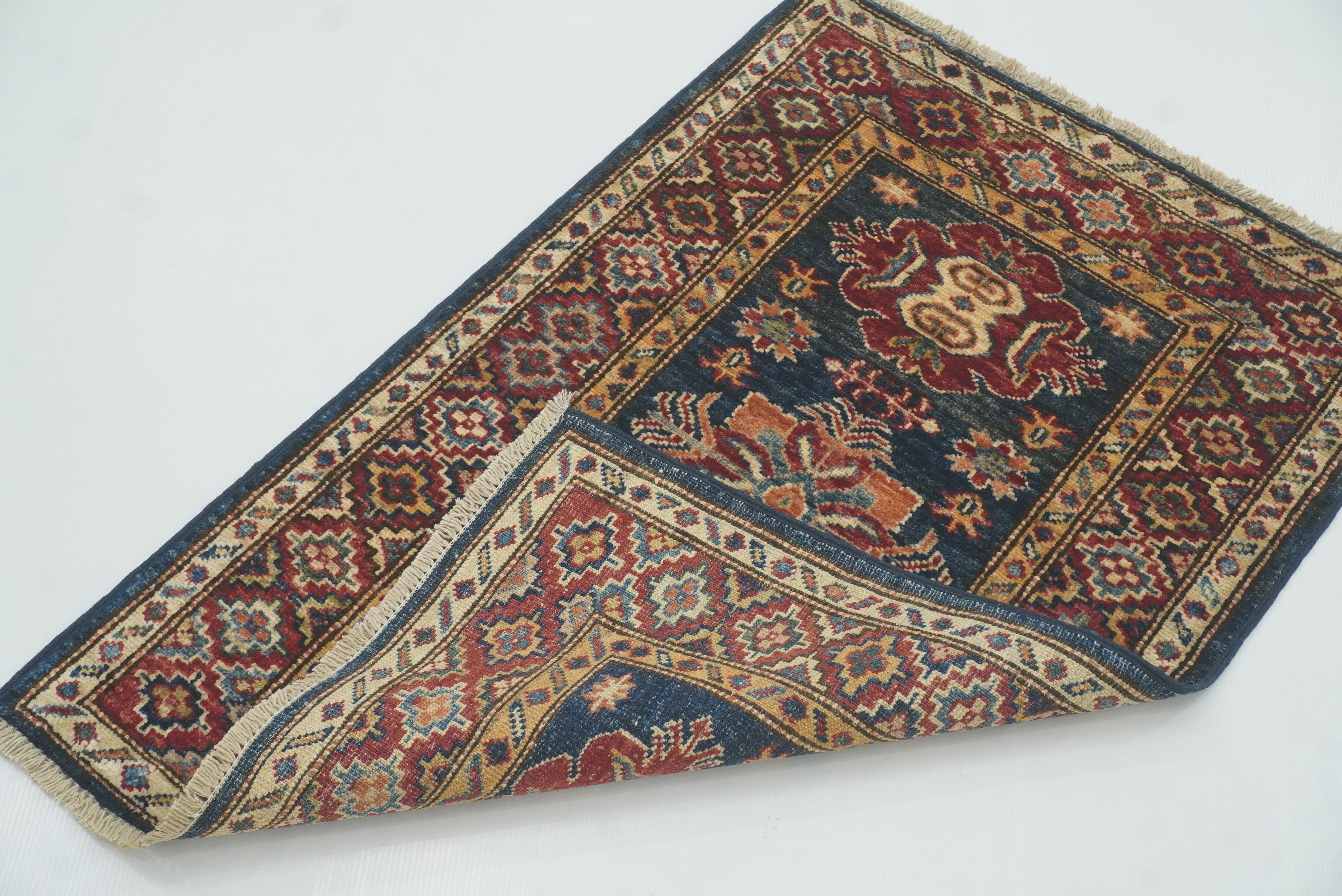 2x3 Navy Blue Kazak Hand-Knotted Afghan Wool Rug - Yildiz Rugs