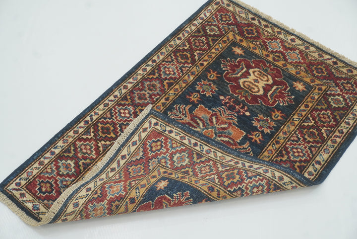 2x3 Navy Blue Kazak Hand-Knotted Afghan Wool Rug - Yildiz Rugs