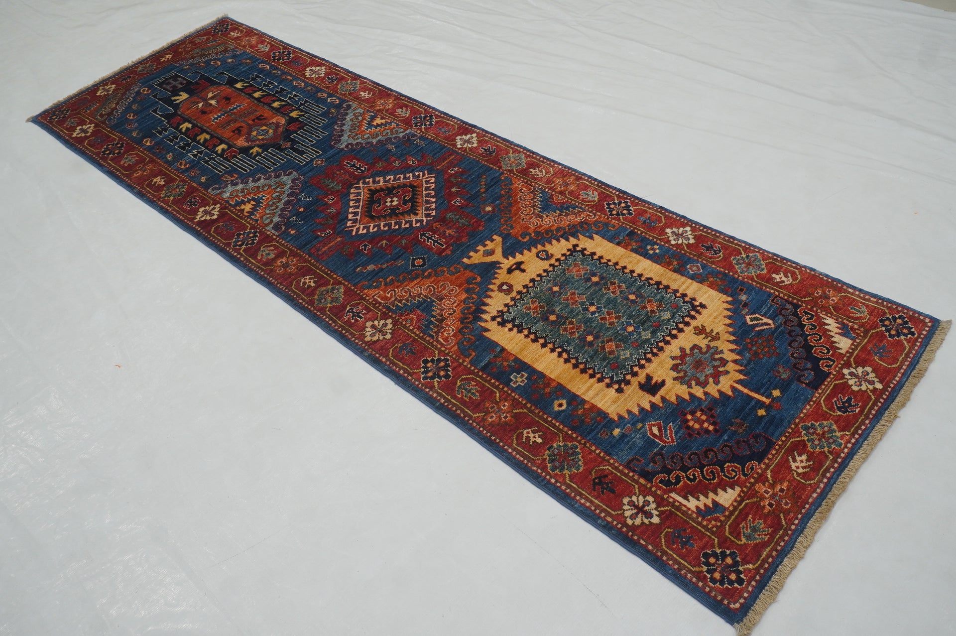 8 ft Navy Blue Malayer Afghan Handmade Runner Rug