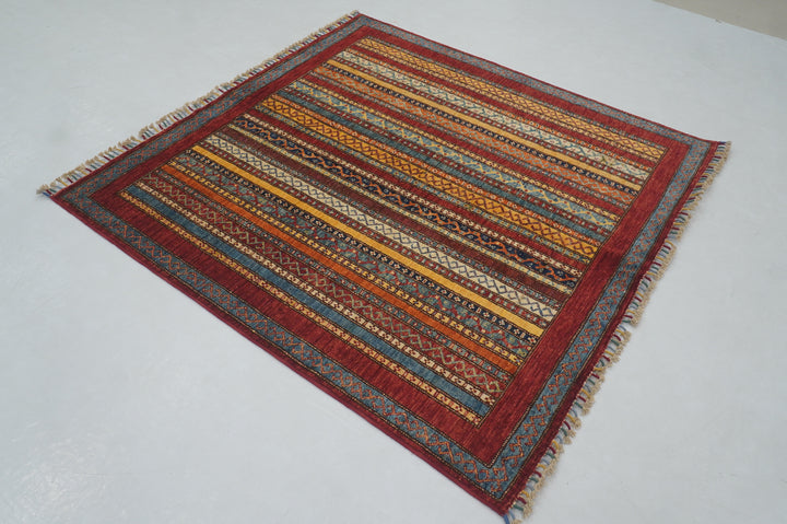 5x5 Red Turkish Shawl Hand knotted Square Rug