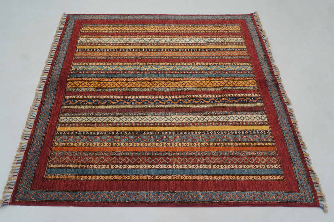 5x5 Red Turkish Shawl Hand knotted Square Rug