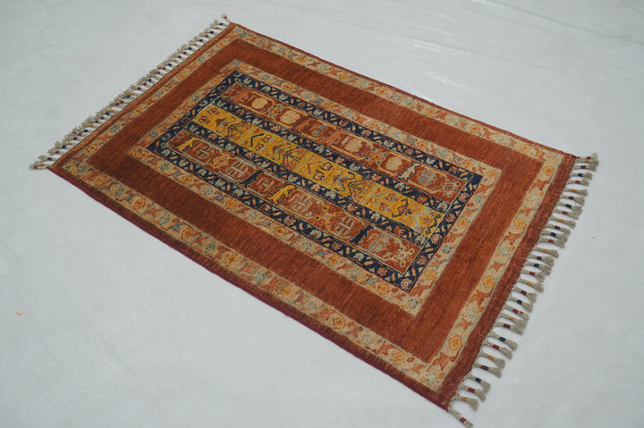 3x4 Red Blue Turkish Shawl Hand knotted Rug