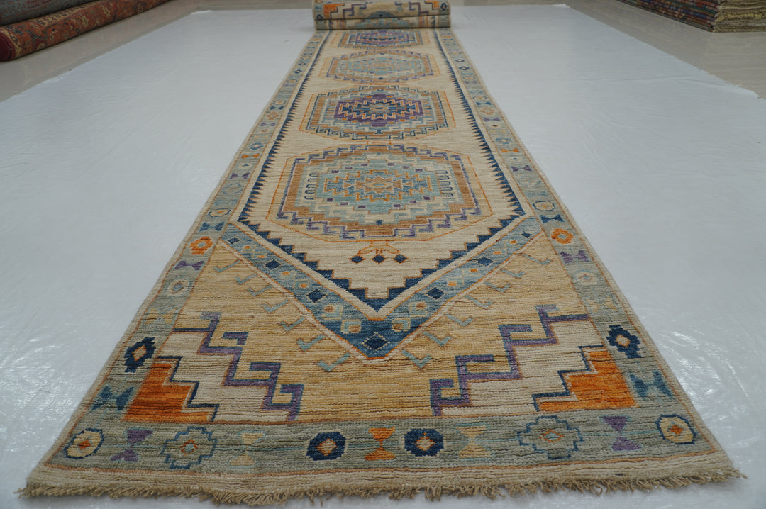 3 x 15 Ft Muted Beige Oushak Hand knotted Long Turkish Runner Rug - Yildiz Rugs