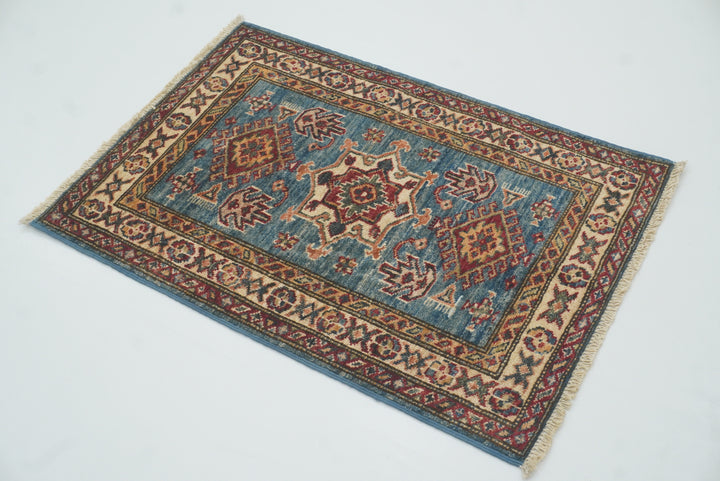 2x3 Blue Kazak Hand-Knotted Afghan Wool Rug - Yildiz Rugs